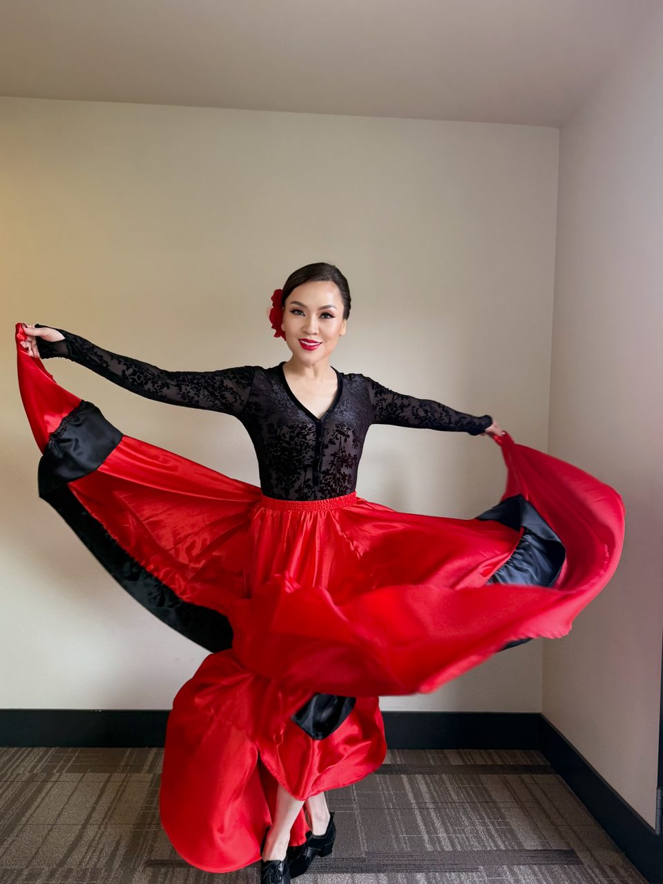 Dramatic performance makeup with a flamenco dress