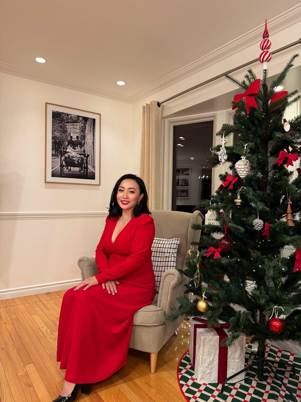 Holiday party look with a red dress and lip