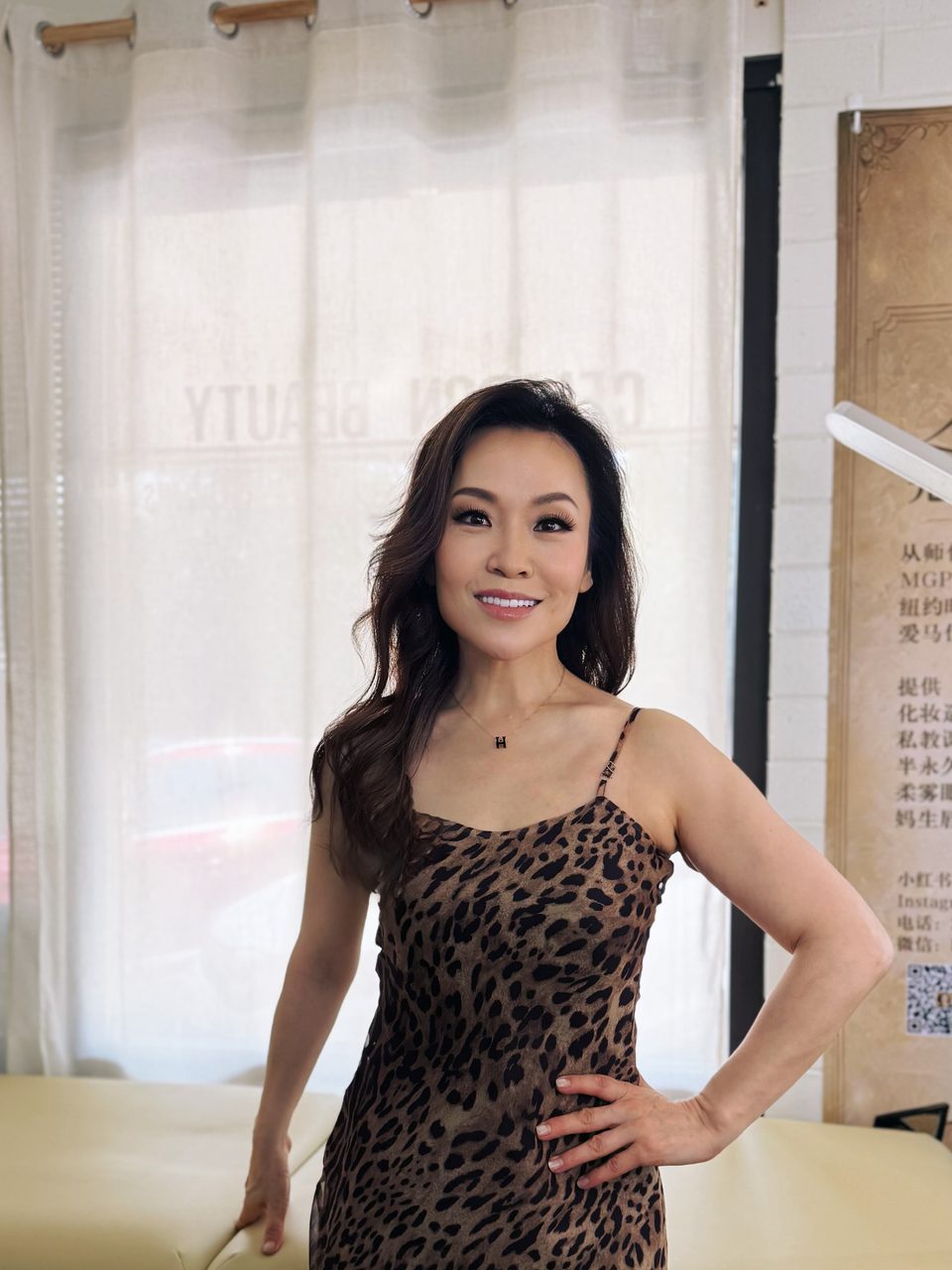 Evening makeup with a leopard-print slip dress